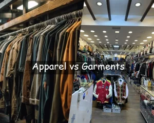 Split image comparing "Apparel vs Garments" — The left side shows a close-up of various jackets and coats hanging on wooden hangers in a rustic boutique setting. The right side displays the interior of a well-lit clothing store filled with neatly arranged casual and formal clothes, including jackets, sweaters, and shirts. The text "Apparel vs Garments" is written across the center of the image.