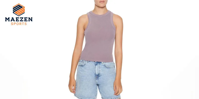 Woman in a soft purple sleeveless top, demonstrating Maezen  Sports’ versatile and stylish athletic wear."