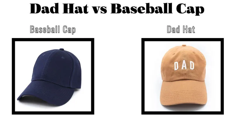 Comparison between a dad hat and a baseball cap with the dad hat labeled as beige and the baseball cap in navy blue.