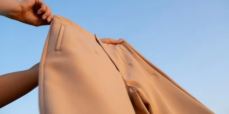 "Pair of beige pants held up, demonstrating high-waisted style in a pant guide."