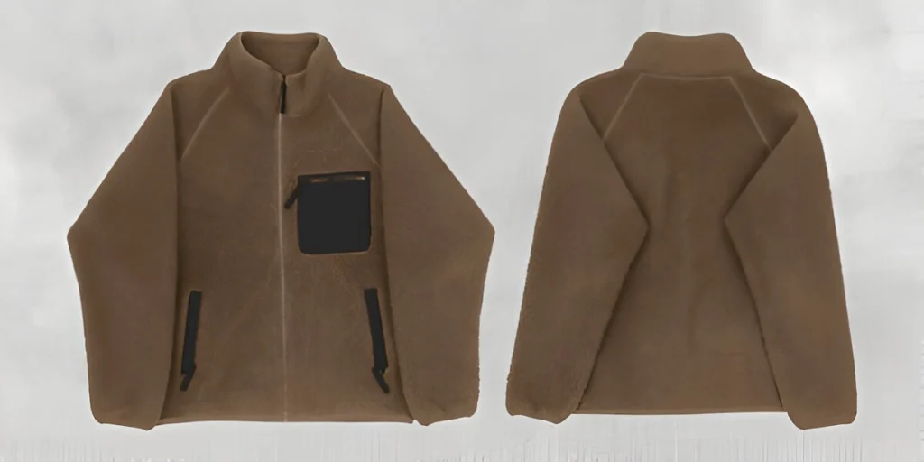 Front and back view of a fleece jacket with zip closure and pocket details, perfect for outdoor wear."