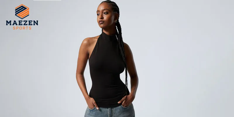 "Model wearing a green tank top, showcasing a stylish and comfortable option for everyday wear from Maezen  Sports."