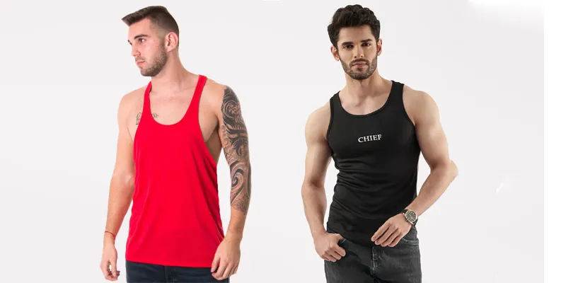  "Male fitness model wearing a red tank top showcasing a tattoo and another male model in a black gym tank top, perfect for athletic wear."