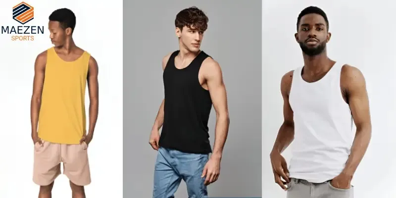 "Three male models showcasing Maezen  Sports’ tank tops in different colors: yellow, black, and white, perfect for athletic and casual wear."
