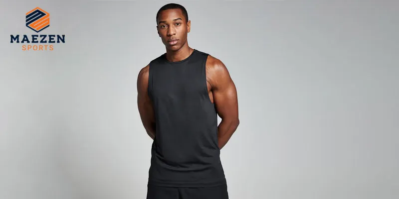 "Male athlete posing in a sleek black athletic tank top from maezen Sports, ideal for sportswear and fitness enthusiasts."
