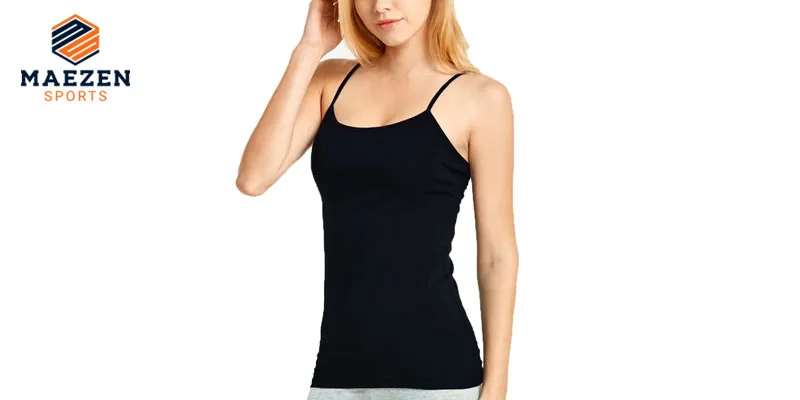 Female model in a black camisole top, showcasing Maezen Sports’ stylish and comfortable tank top for women."