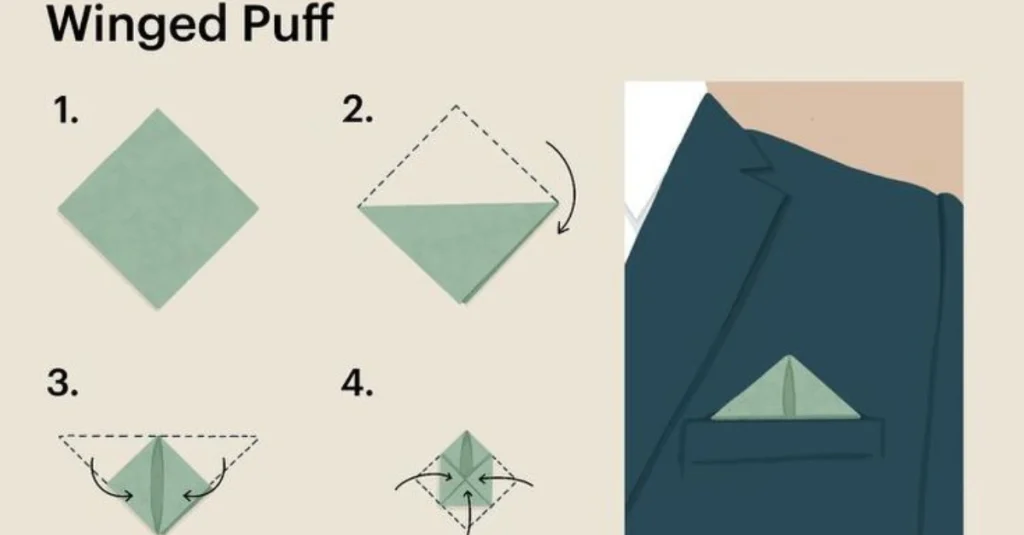 Step-by-step guide showing how to fold a pocket square into a winged puff shape