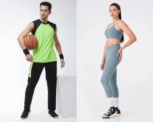 A woman in a red workout tank top and a man in a light blue casual sweater, both styled in modern clothing. reflecting the difference between activewear and sportswear