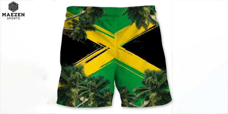 "Stylish Jamaican flag-themed shorts with tropical print, perfect for casual wear and summer activities at Maezen Sports."