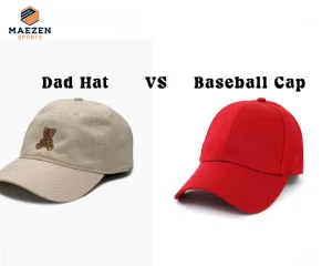 Image comparing a dad hat with a teddy bear logo and a bright red baseball cap side by side with "Dad Hat vs Baseball Cap" text.