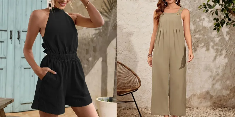 two women standing ne is wearing dark color romper and other is wearing skin color jumper reflecting the title  jumper vs romper