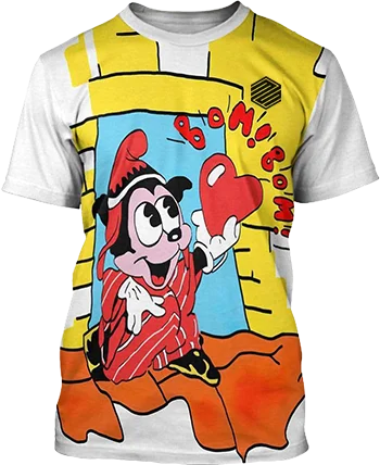 A vibrant cartoon graphic t-shirt featuring a playful character with a bold "Boom" design, perfect for casual fashion and pop culture enthusiasts.