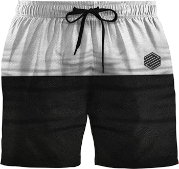 Stylish black and white men's swim shorts with a drawstring waistband, perfect for beach outings and summer activities."