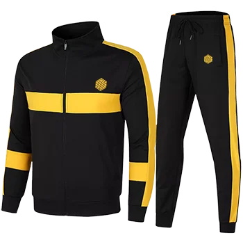 A stylish black and yellow tracksuit featuring a zip-up jacket and matching pants with bold yellow stripes. The modern athletic set offers comfort and style, perfect for casual or workout wear.