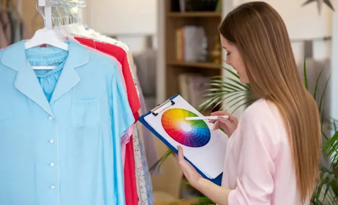 A fashion designer selecting colors for clothing, using a color wheel and clipboard in a fashion studio.