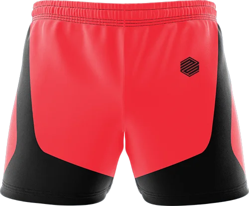 Men's red and black athletic shorts with a modern design, ideal for sports and outdoor activities, featuring a comfortable elastic waistband."
