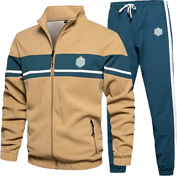 A modern beige and teal tracksuit featuring a zip-up jacket with white stripes and matching jogging pants, perfect for casual or active wear. The outfit combines comfort and style for an athletic look.