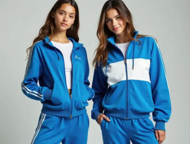 Two women modeling matching blue tracksuits with white stripes, showcasing a stylish and comfortable look. The athletic outfits include zip-up jackets and pants, perfect for casual wear or sports activities.
