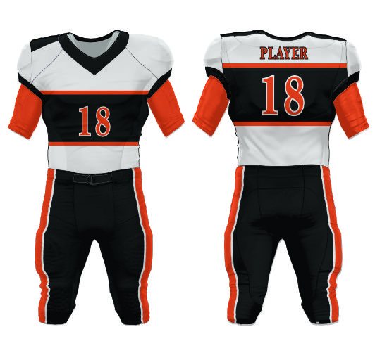 Custom American football uniform featuring bold black, white, and orange colors with player number 18 displayed on both the front and back, designed for performance and style.