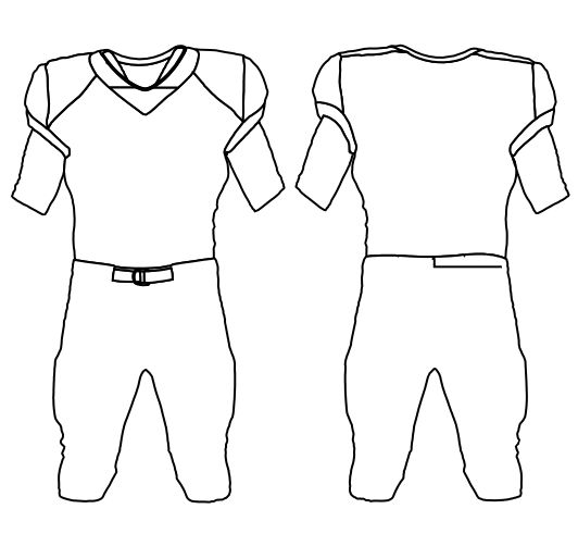 Outline design of a customizable American football uniform, featuring a V-neck, shoulder padding, and belt, ideal for team branding and personalization."