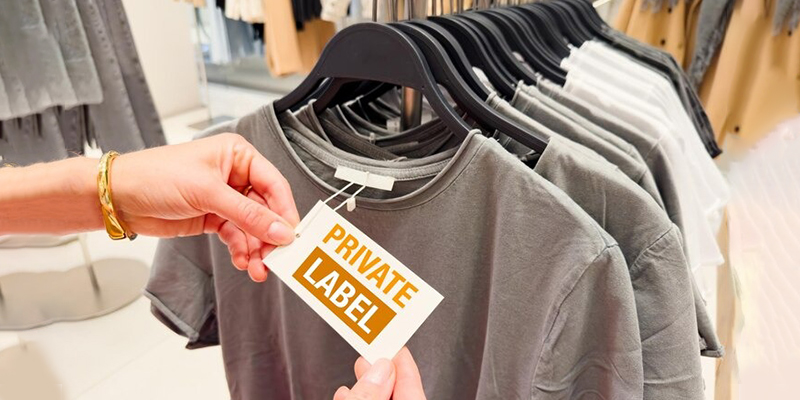 Clothing with a private label tag displayed in a store, representing the concept of private label branding.