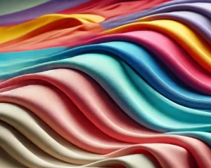 The image features a close-up of colorful Lycra fabric arranged in waves, showcasing vibrant hues such as red, pink, yellow, blue, and pastel tones, creating a smooth, flowing texture.
