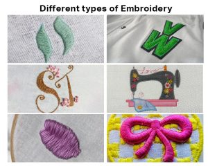 Various embroidery techniques including leaf design, 3D 'VW' logo, floral 'ST' monogram, 'Love' with sewing machine, textured purple stitch, and a pink bow.