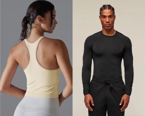 Men and women wearing fitted gym wear athletic tops and workout apparel studio shot