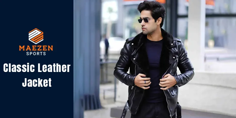 Model showcasing a classic leather jacket from Maezens Sports in an urban setting.