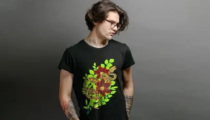 Men's black graphic T-shirt with vibrant snake and floral design – Perfect for custom prints, fashion-forward style, and unique designs.