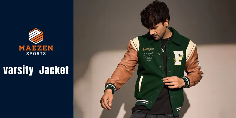 Model rocking a green varsity jacket by Maezens Sports, perfect for sporty looks.