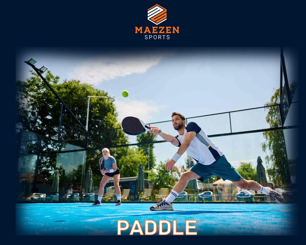 MAEZEN Sports outdoor padel match – male player lunging to hit the ball while female partner prepares on blue padel court