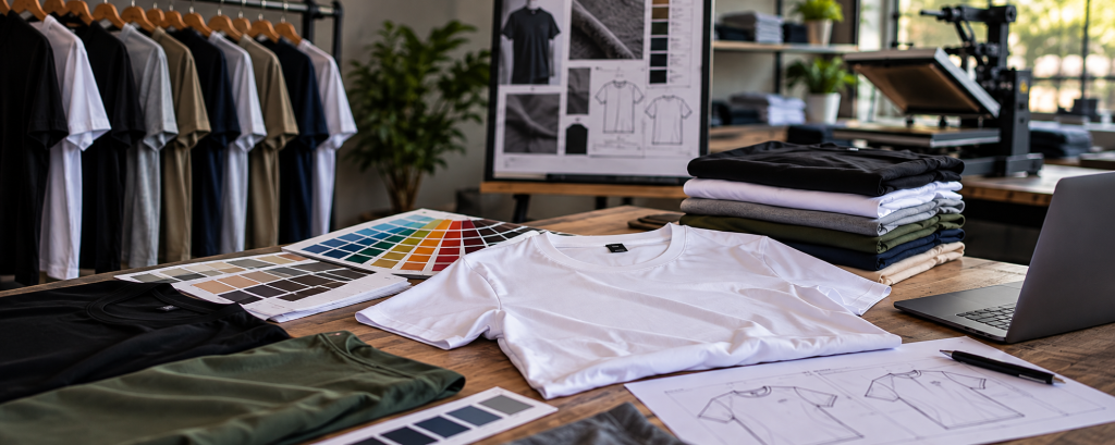 Custom T-shirts, fabric color swatches, apparel samples, and design sketches on a clothing manufacturing workspace.
