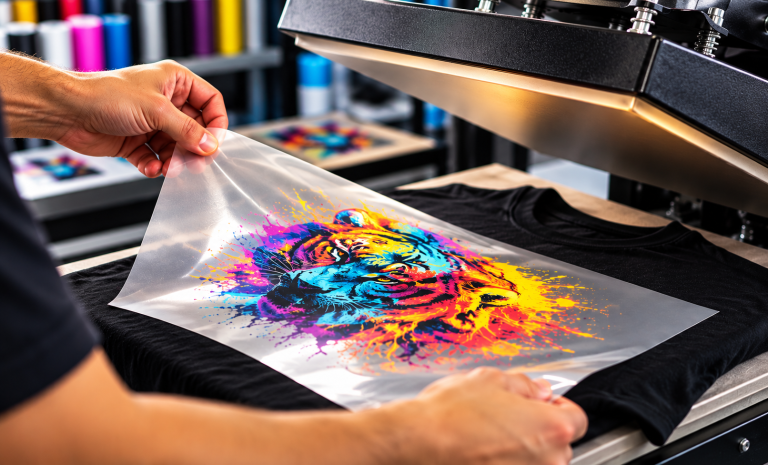 DTF printing process transferring a colorful design onto a black T-shirt using a heat press