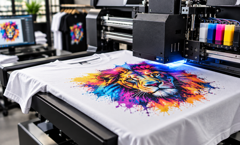 DTG printing machine printing a colorful detailed design directly onto a white T-shirt